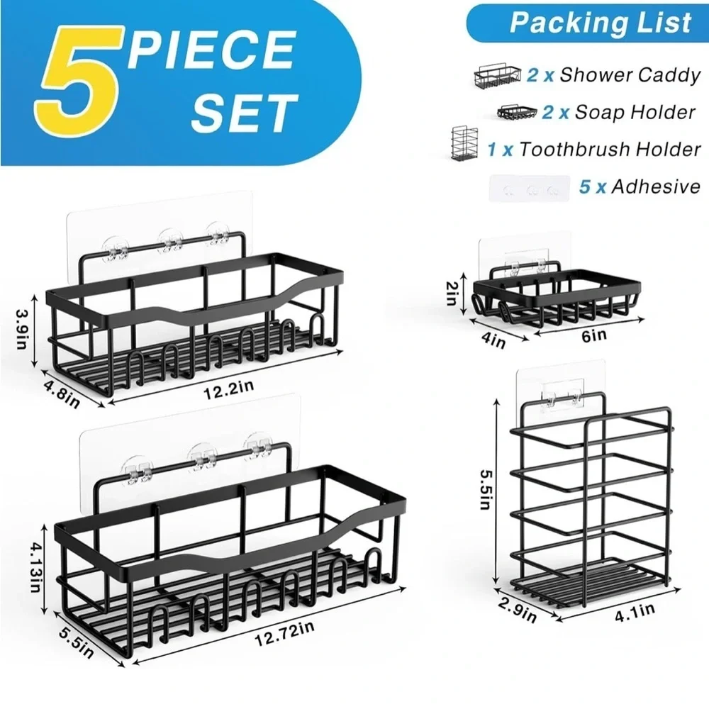 5 Piece Black Metal Wall-Mounted Bathroom/ Kitchen Shelf